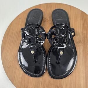Tory Burch Miller Sandals Shoes Womens Size 6.5 Black Patent Leather Thong